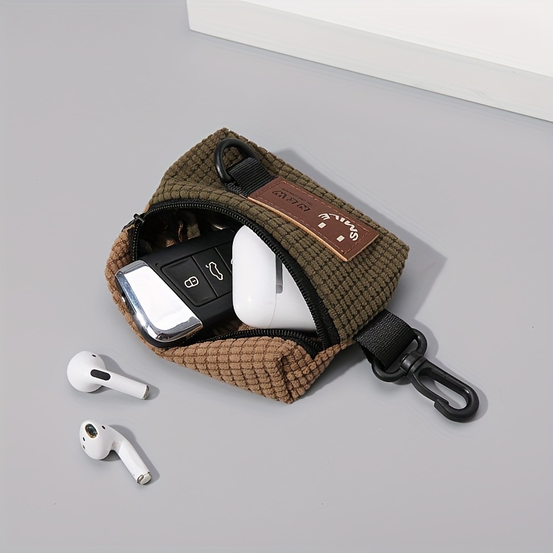 

Corduroy Keychain Pouch With Carabiner - Checkered Fabric, Zippered Compartment For Earbuds & Keys - Accessory For Couples