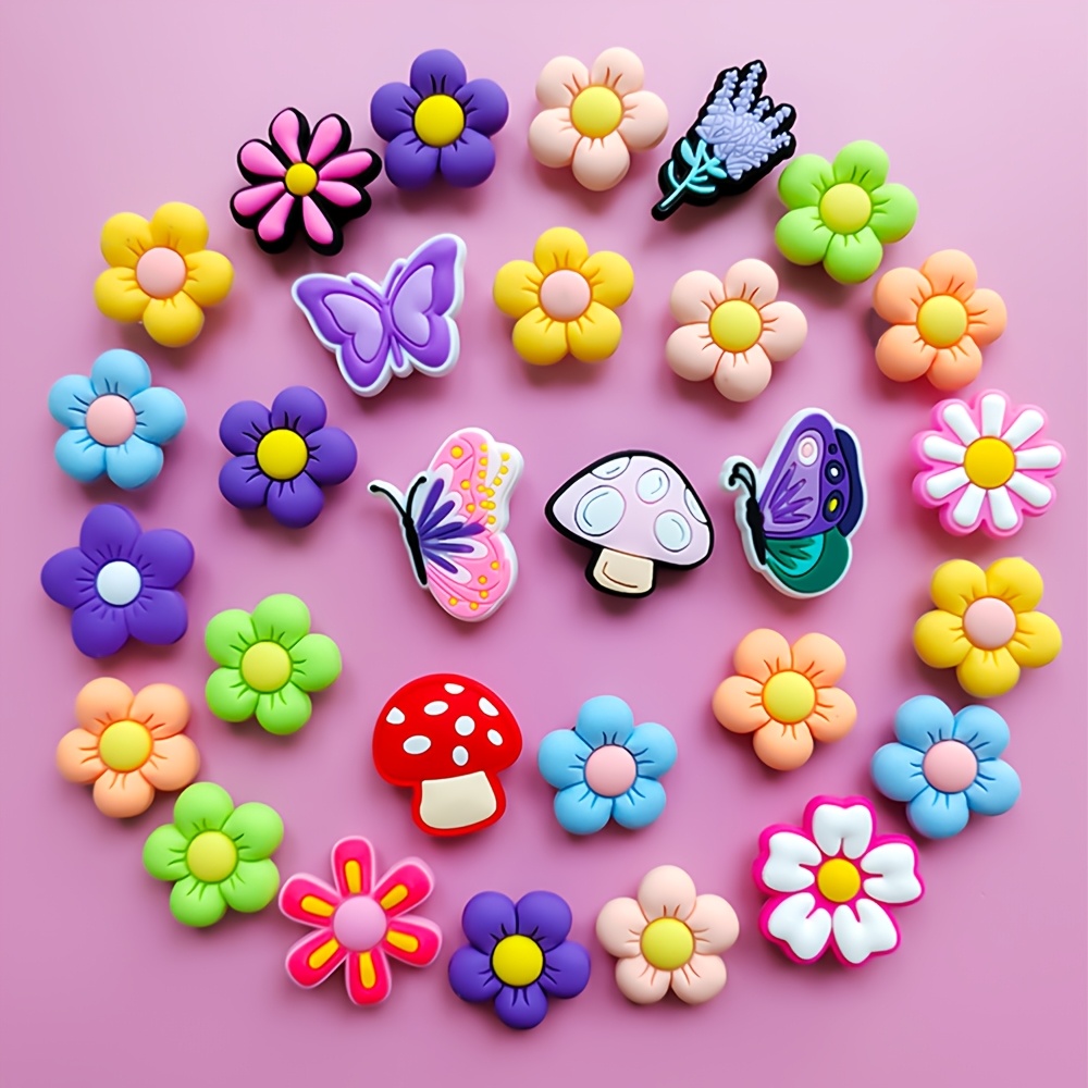 TEMU 29pcs Colorful Flowers And Series Diy Shoe Charms, Colors Of Flowers Design, Keychains, Beach Bag, Phone Case Accessories, Pvc Shoe Decorations,