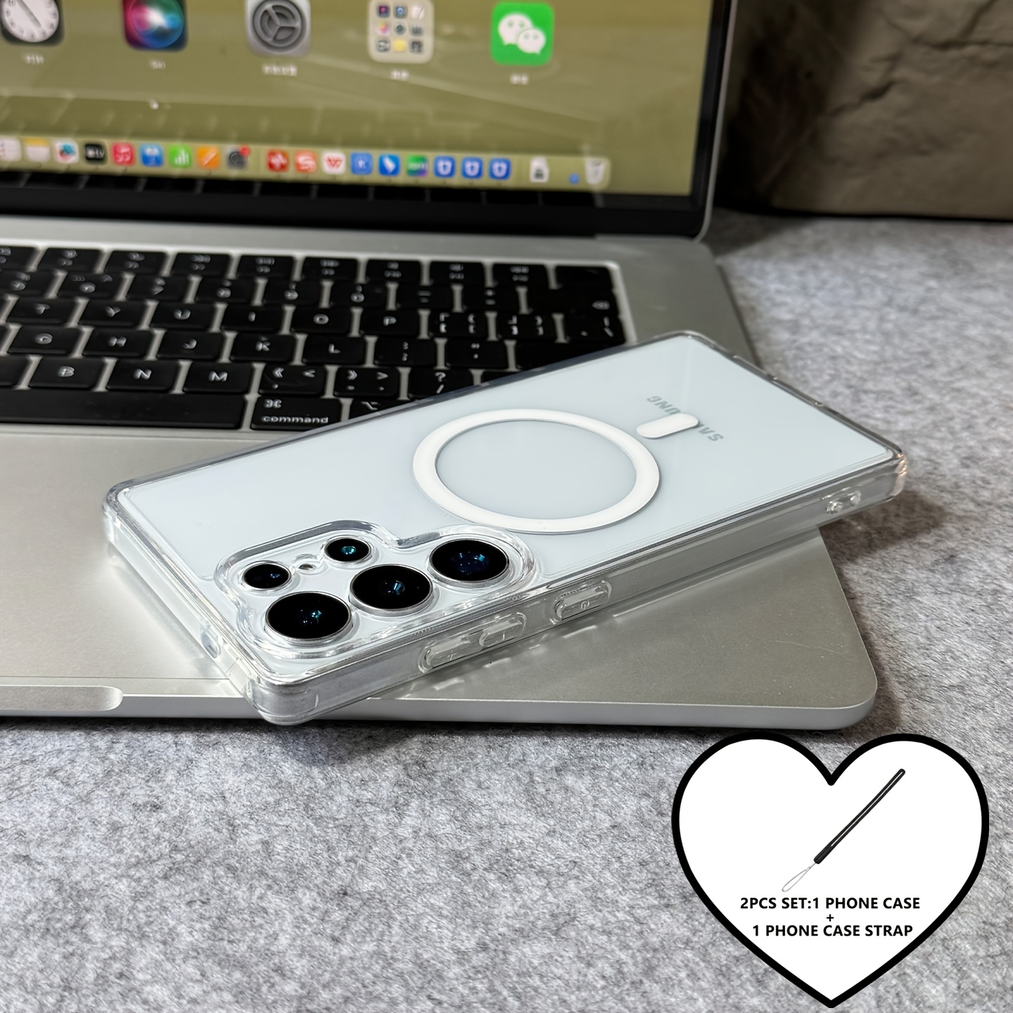 TEMU Phone Case - 2pcs Set (1pc Phone Case And 1pc Lanyard) Miniso Magnetic Phone Case, Wireless Charging Compatible Protective Cover, Minimalist ,