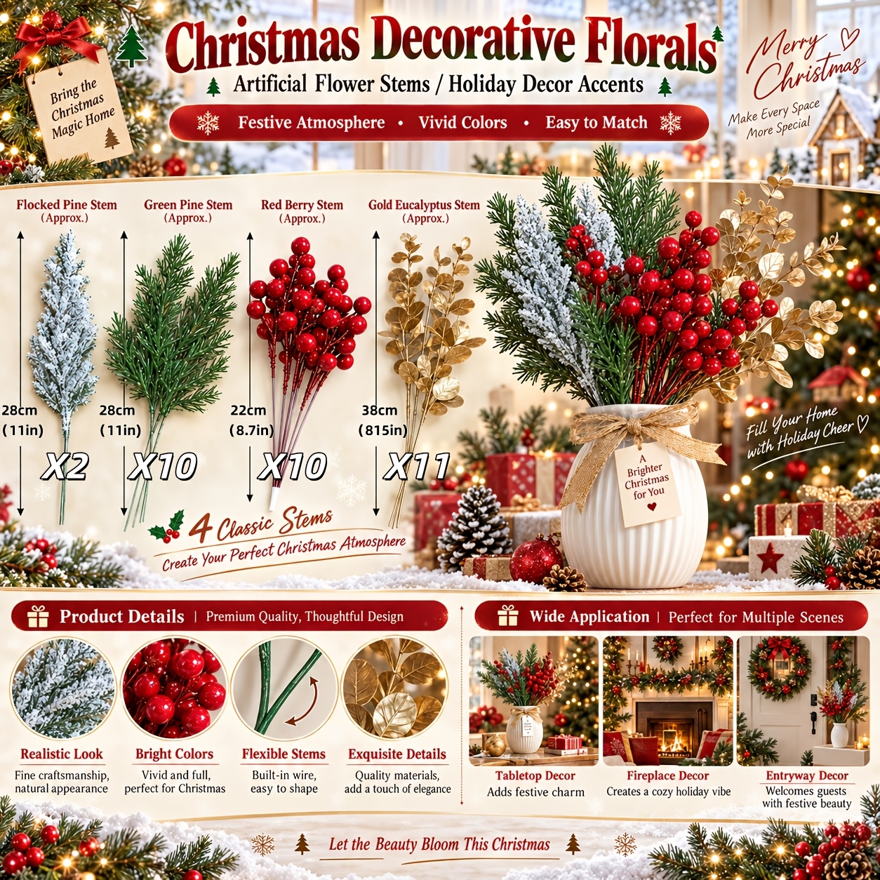 Image of 33pcs Mixed Combination Christmas Artificial Flower Material Bundle Pine Branch Decorative Cut Branches Christmas Tree Bouquet Home Holiday Decoration, Suitable For Christmas Scene Decoration
