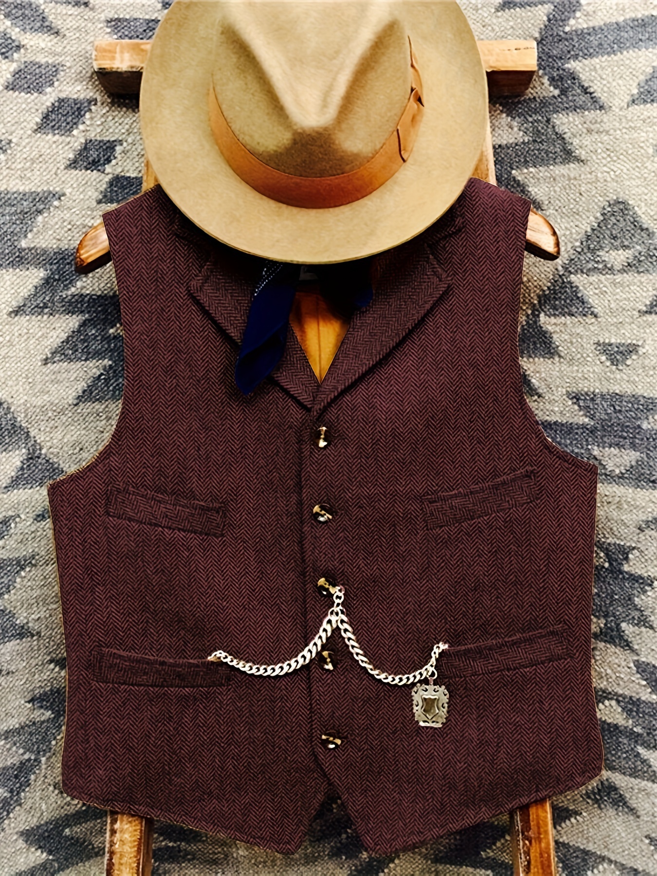 Men's Vintage Western Cowboy Vest – Tweed Herringbone, Wool Blend, Sizes M To 3XL
