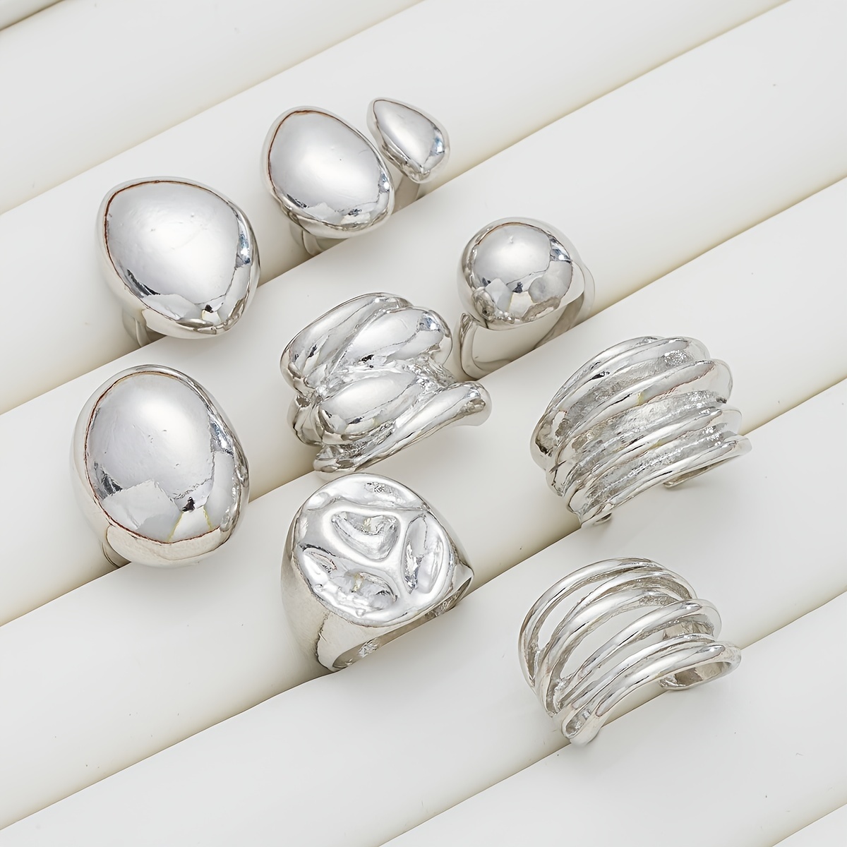 8 Piece Set & Bold Wide Band Geometric Ring Set For Women