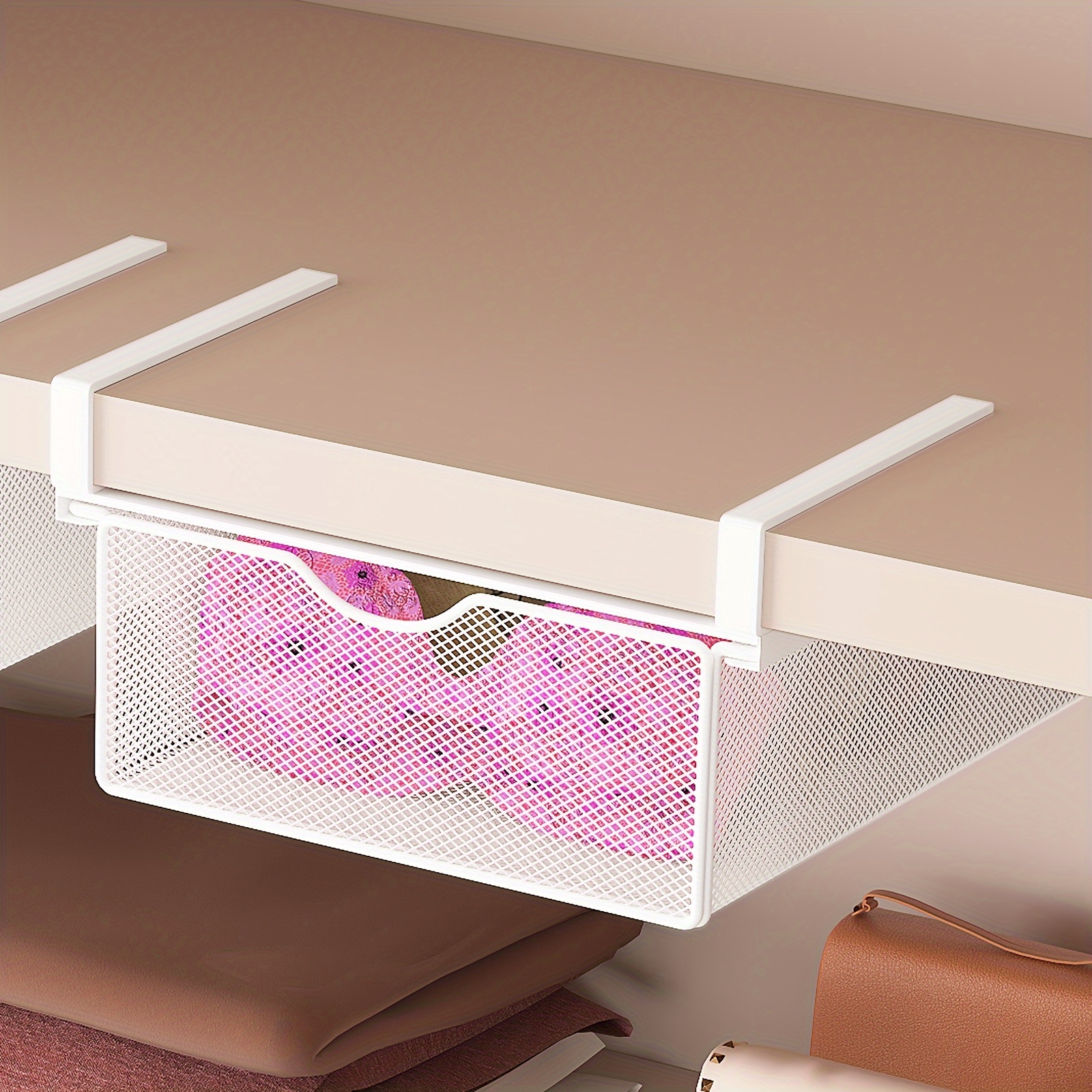 

White Metal Pull-out Drawer Organizer For Clothes Storage, Under-shelf Hanging Basket With Mesh Design, No-drill Installation, Shirts, Socks & Accessories, Clothes Organizer Storage