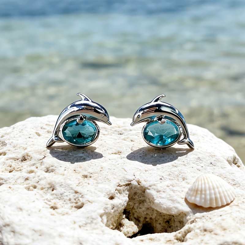 TEMU 2pcs Marine Dolphin Stud Earrings, Synthetic Zirconia, Light Luxury And Grand, Versatile For Daily Wear, Halloween, Christmas, Valentine's Day,