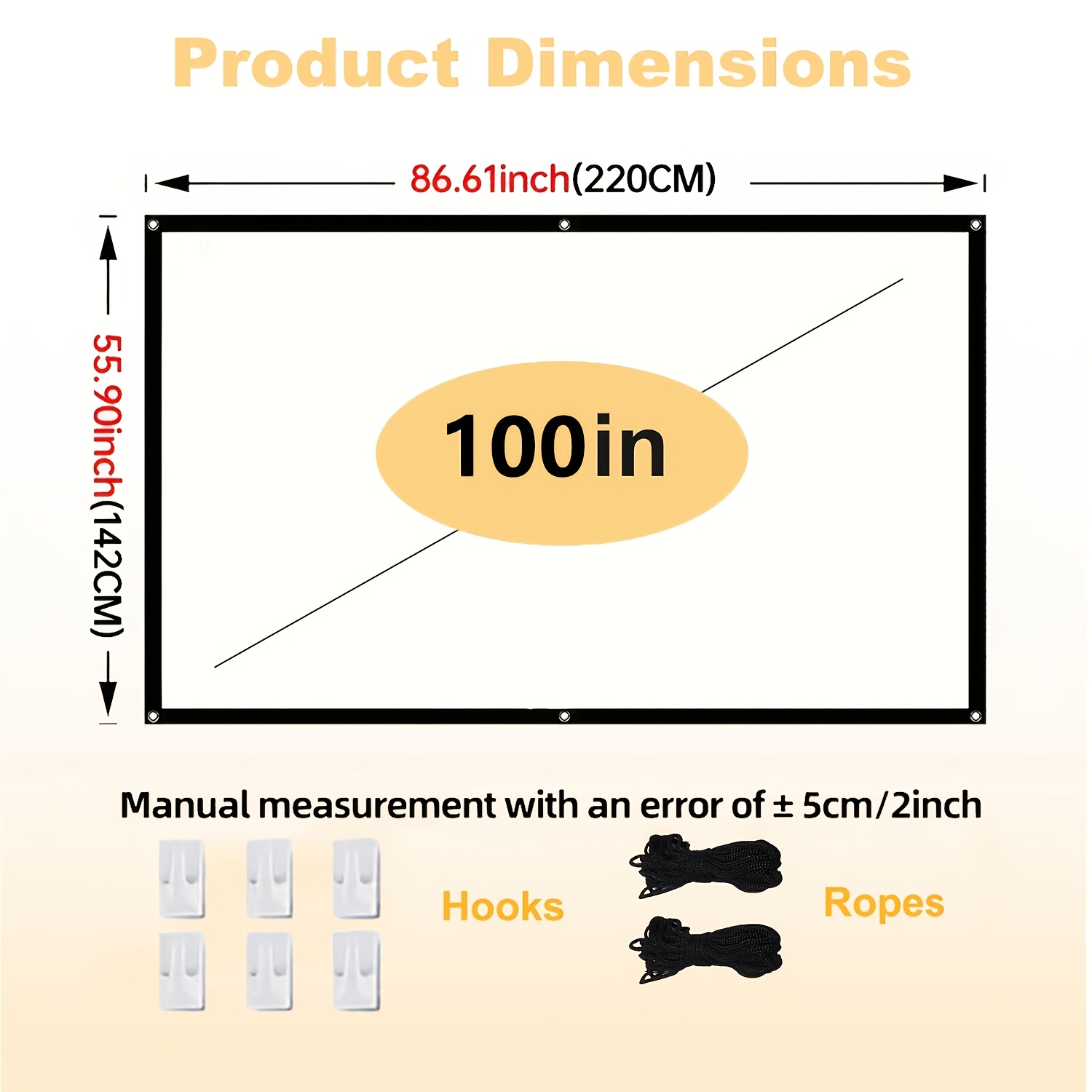 TEMU Écran de projection portable 3D Ultra-HD 4K de 100 pouces, 2,2 mètres, ratio 16:9, en fibre de polyester, infroissable et facile à nettoyer. des