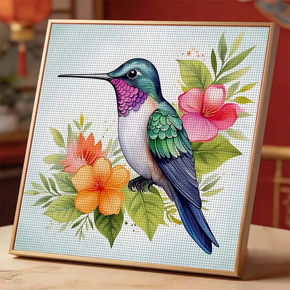 Frameless Cross-Stitch Printed Kit Colorful Feathered Bird with Flowers