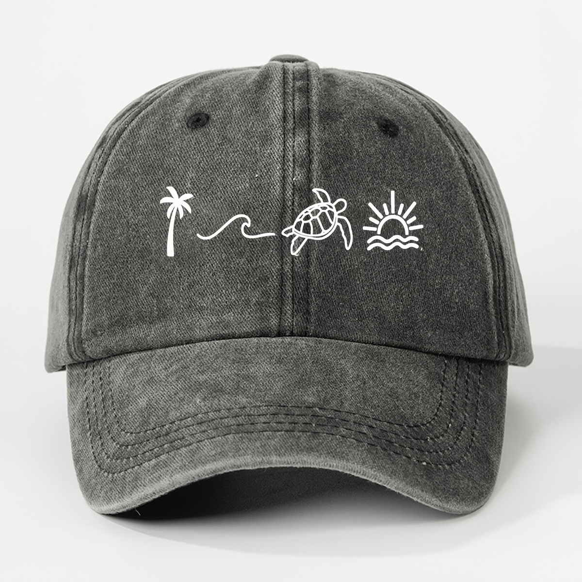 TEMU Printed Coconut Tree Washed Baseball , Unisex Trucker Hat, Breathable And Adjustable, Golf For Men And Women, Summer Fashion Curved Brim Men's