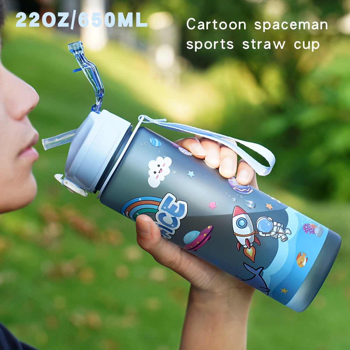 

1pc 21oz (650ml) Cartoon Astronaut Bottle With Straw - , Leakproof, Bpa-free Plastic, Outdoor Camping, Hiking, School - Space-themed Design With Vibrant Colors