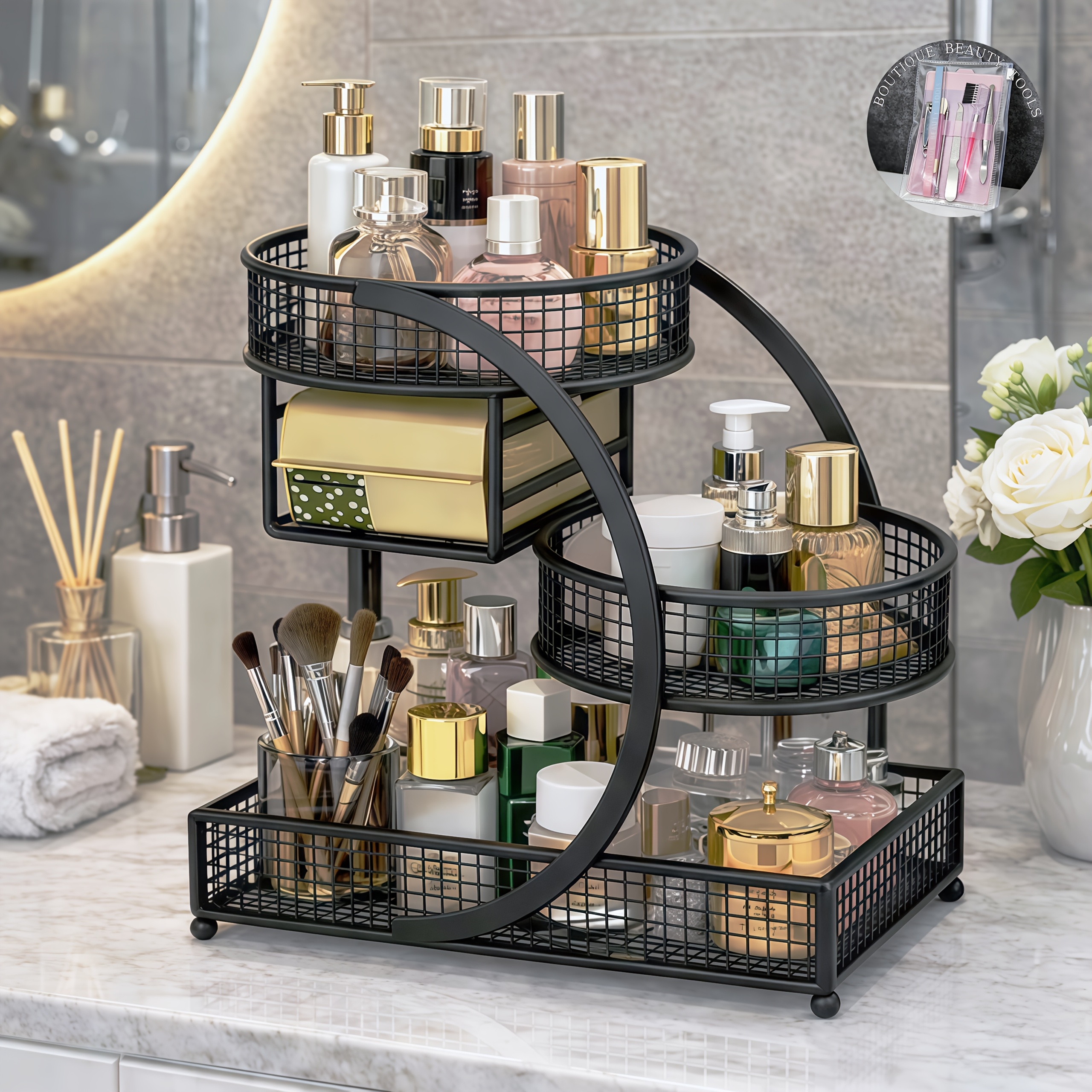 TEMU 1pc No-install Metal Cosmetic Storage Rack( Tools Gift), Spiral 3-tier Mesh Vanity Organizer With Tissue Holder, Space-saving Countertop Shelf