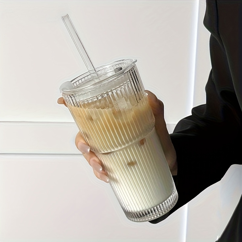 600ml striped glass cup with lid straw large capacity for coffee tea iced milk americano and latte durable stylish beverage glass coffee cup americano drinkware elegant drinkware natural drinkware Product details 7