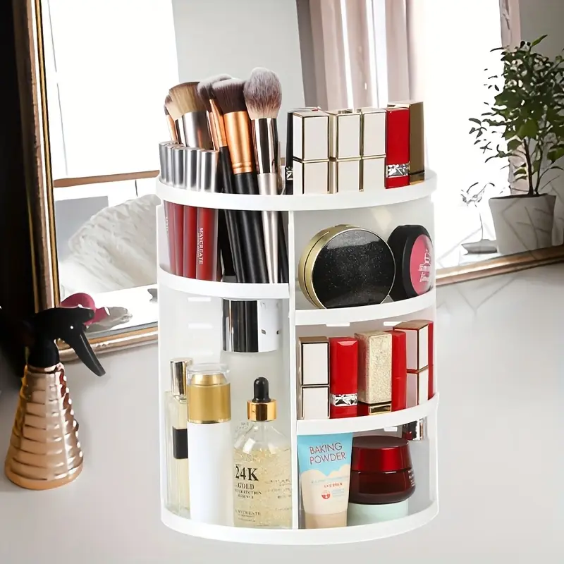 1 tier makeup organizer with 360 rotating tray adjustable height cosmetic storage box multi compartment vanity organizer with no assembly needed space saving countertop or bathroom shelf organizer for gift for makeup lovers makeup organizers storage sleek surface Product details 0