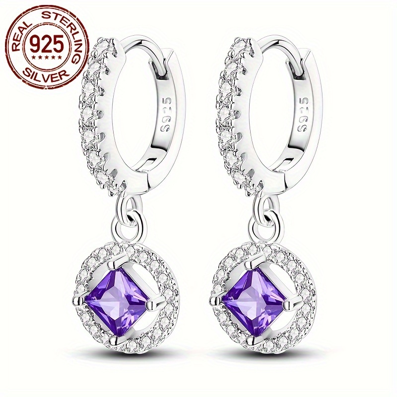 

1 Paire de Boucles d'Oreilles Carrées Princesse Violettes en Argent Sterling 925, Design de Clous d'Oreilles et de Cerceaux Hypoallergéniques Ornés de , Style Luxueux Élégant et Délicat pour Femme