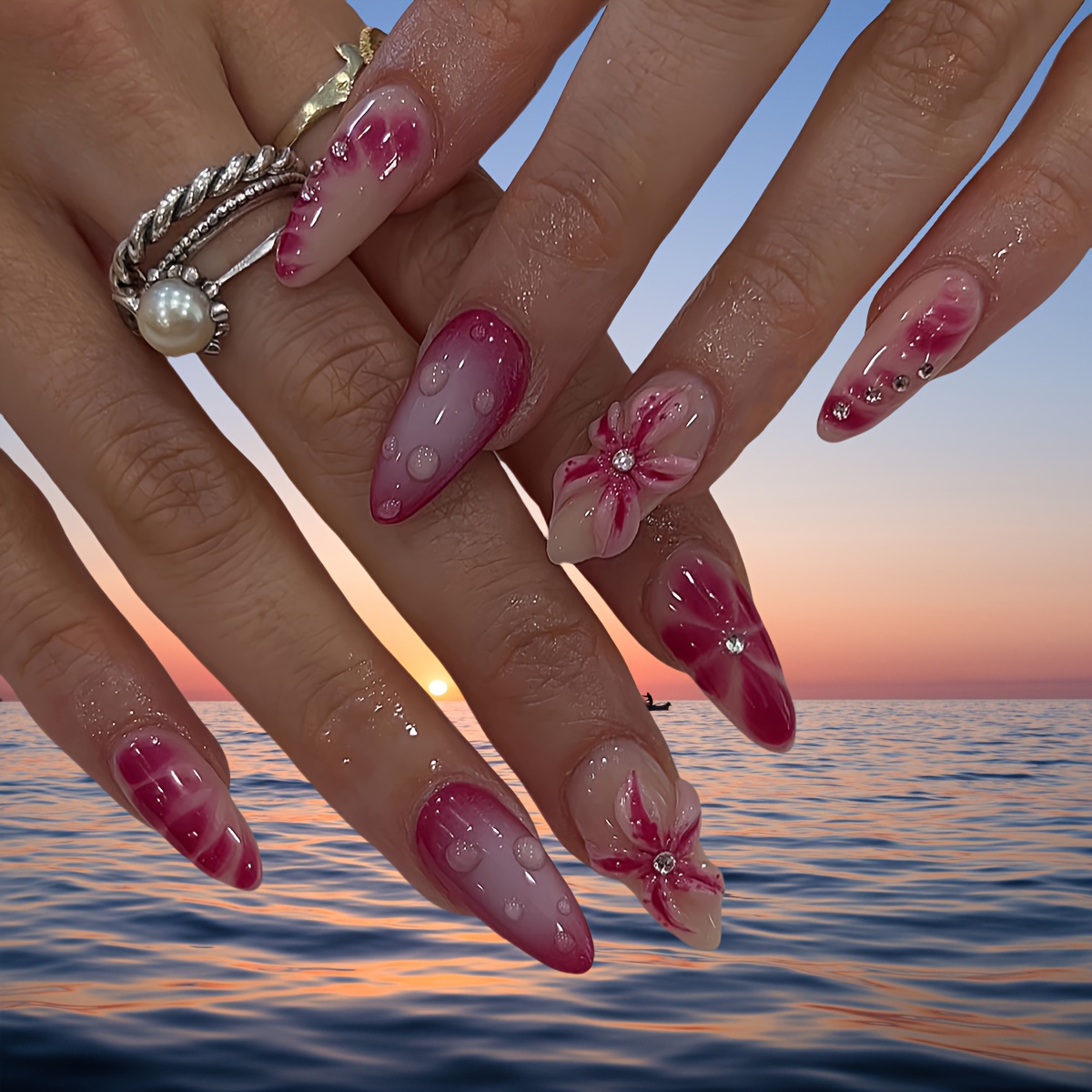 Rosa-gelbe Kunstnägel Mit Blumen & Häschen – Selbstklebend Und Wiederverwendbar!