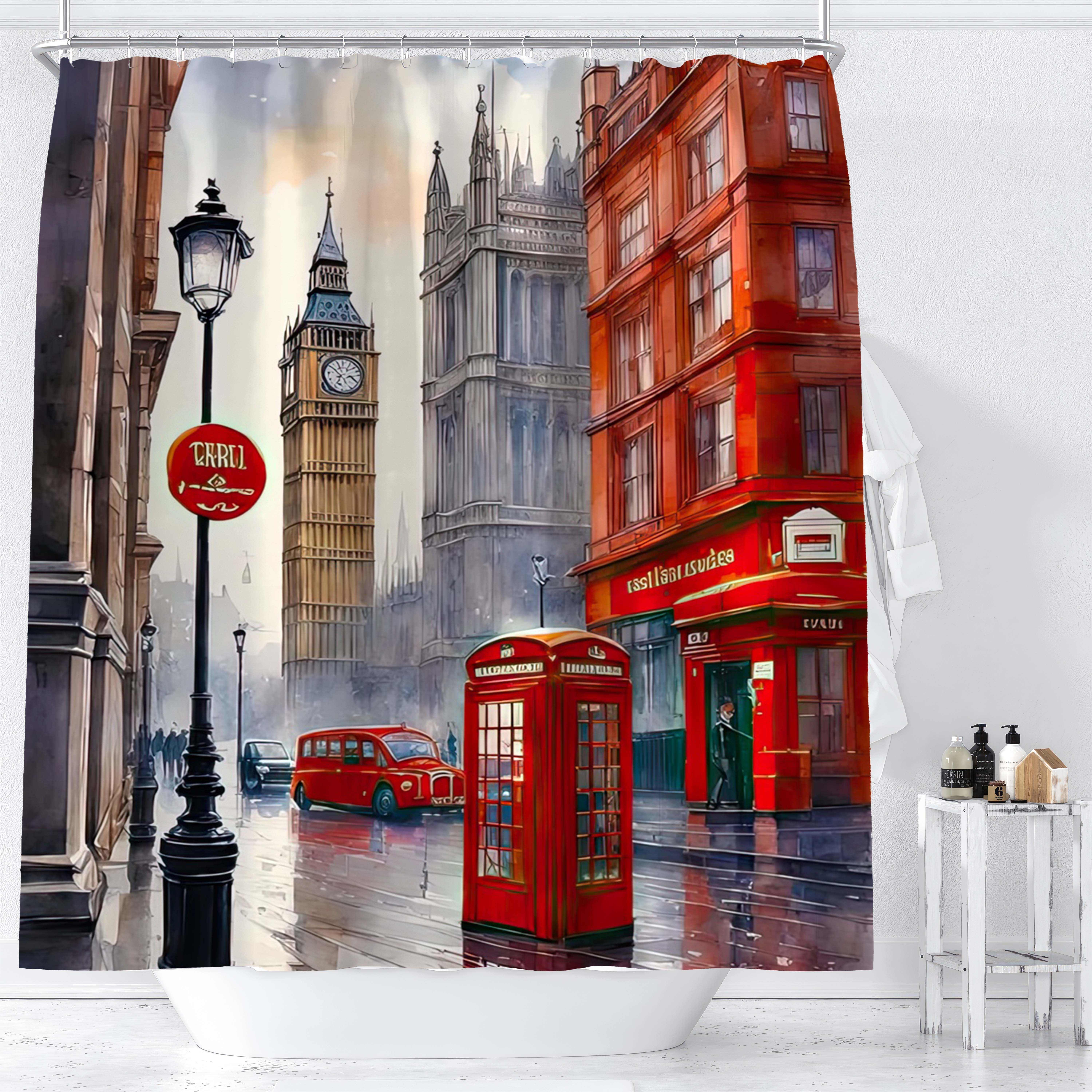 

1pc London Street Scene Shower Curtain, Big Ben & Red Telephone Booth Print, Waterproof Bathroom Decor With Digital Painting Design