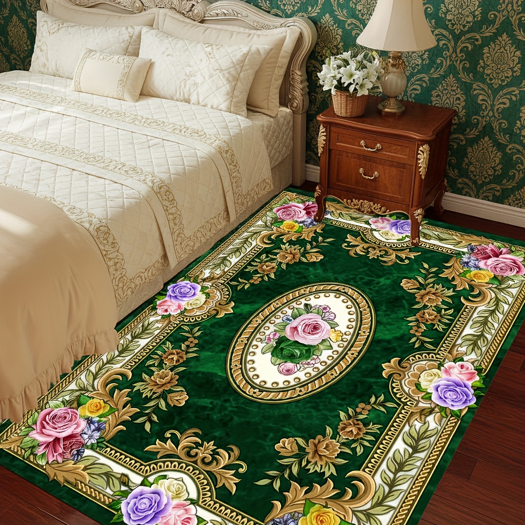 TEMU 1pc Luxury Velvet Area Carpet - Green Bohemia Pattern, Non-slip Backing Machine Washable 100% Polyester Fiber â Perfect For Areas Rooms,