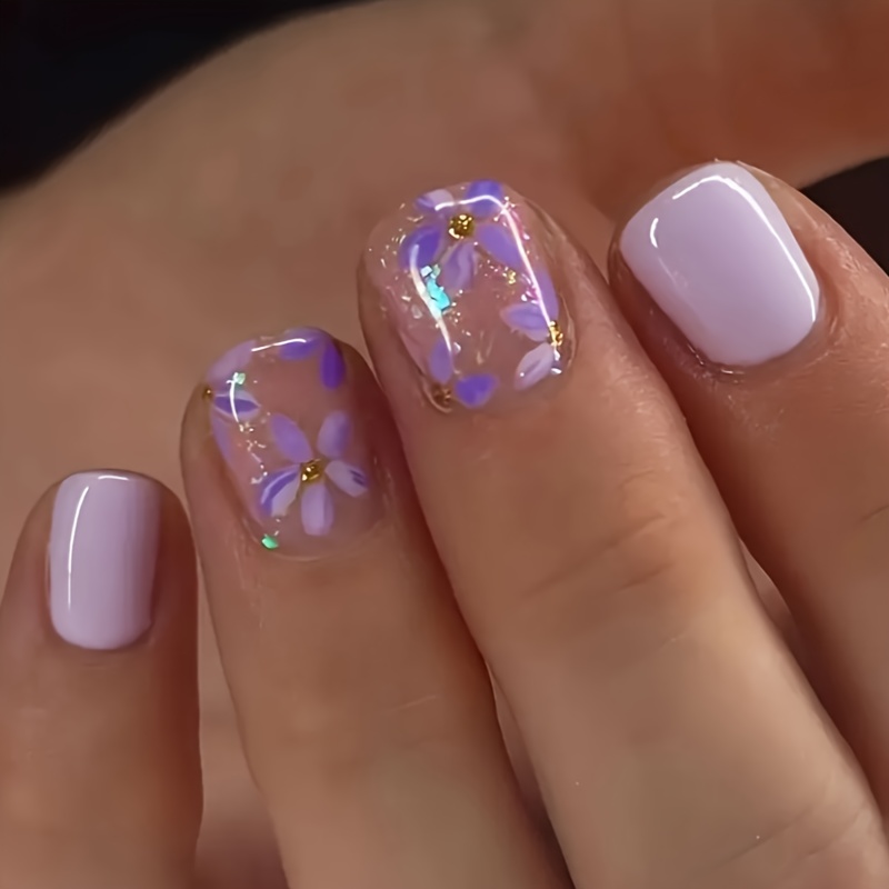 Star Wearable Nail Patches 24pcs Short Square Shaped Manicure Wearable Solid Color Purple Fake Nails Extension Removable Nail With Jelly Glue 1 Nail File 1