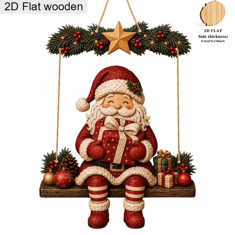 TEMU 2d Flat, 1 Set Of Christmas Wooden Hanging Decoration Set, Santa Claus Swinging Wooden Sign With Gift Box, A Christmas Gift, Suitable For