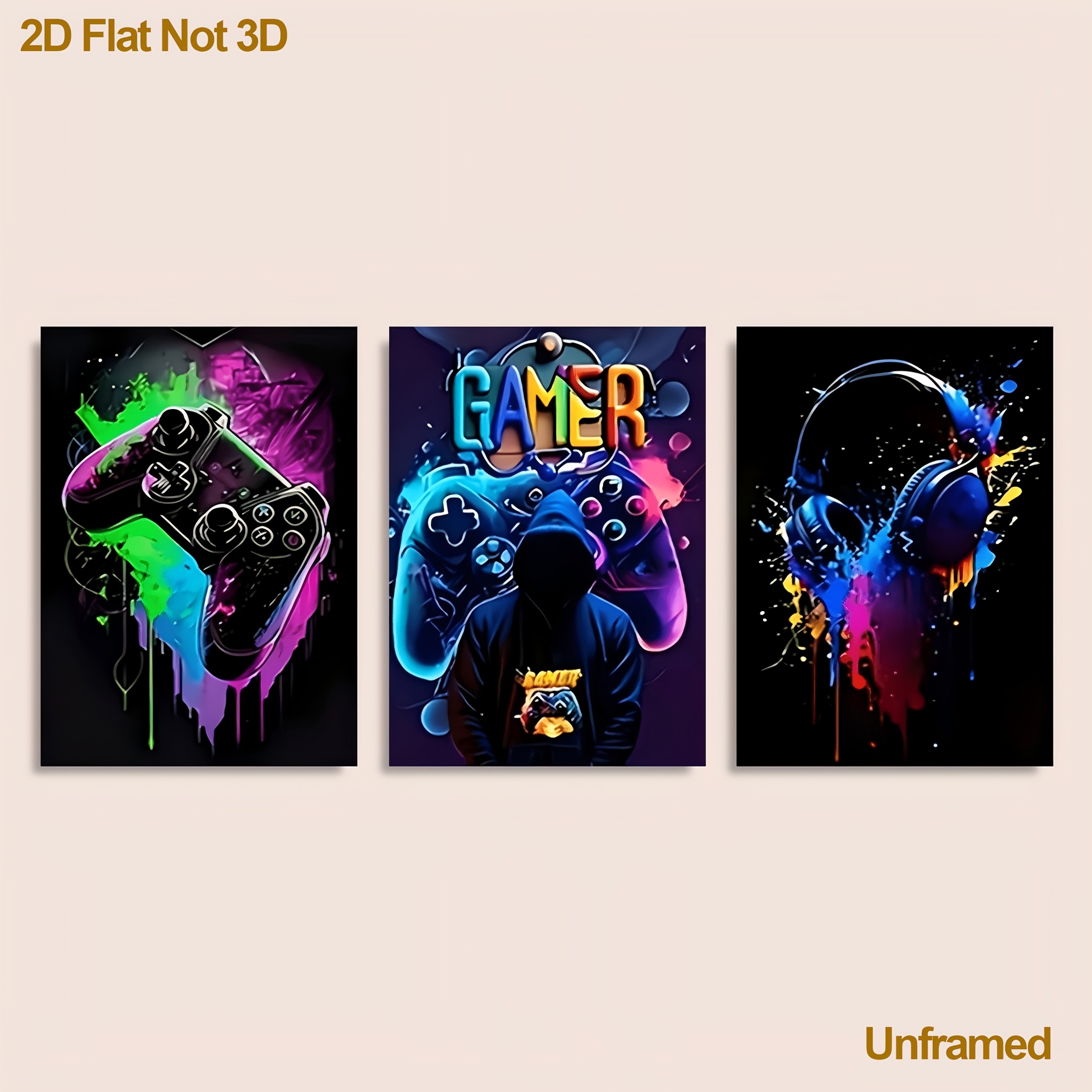TEMU 2d Flat, 2d Flat, 3pcs Gamer Wall Art Set - Wood Framed Canvas Prints With Neon Glow Video Game Controllers & Headset - Glossy End Retro Gaming