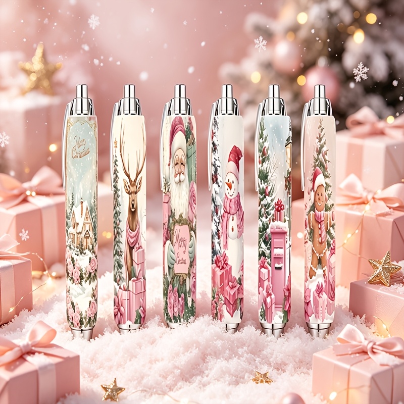 TEMU Pink Christmas Retractable Ballpoint Pens, 6 Winter Santa, Snowman, Reindeer & Cottage Pattern Decorative Writing Pens, Merry Xmas Gift