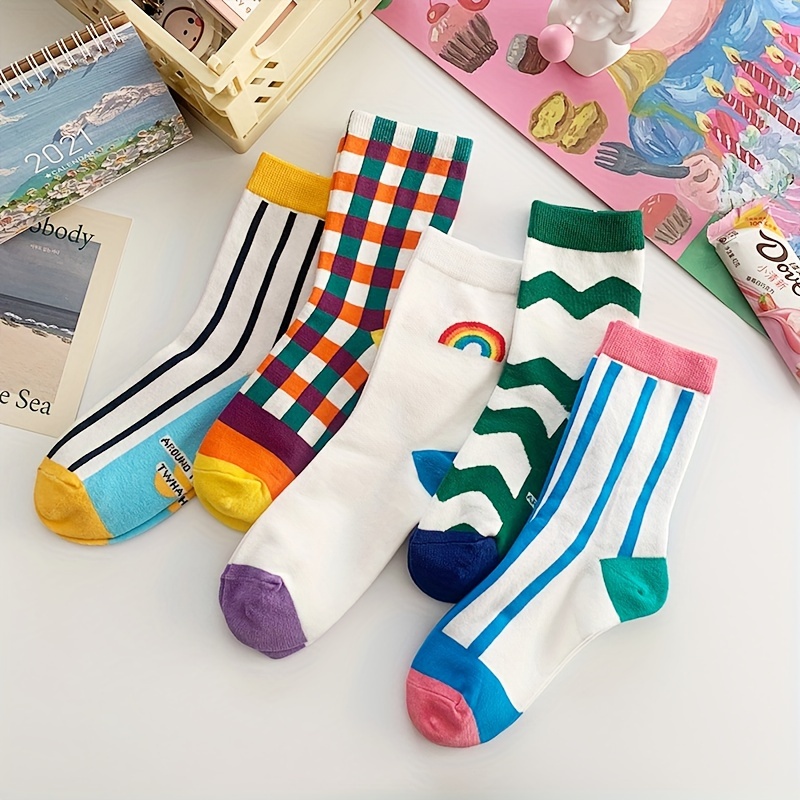 5-pack Women' Checkerboard Socks, Fashionable Bright Striped Mid-calf Socks