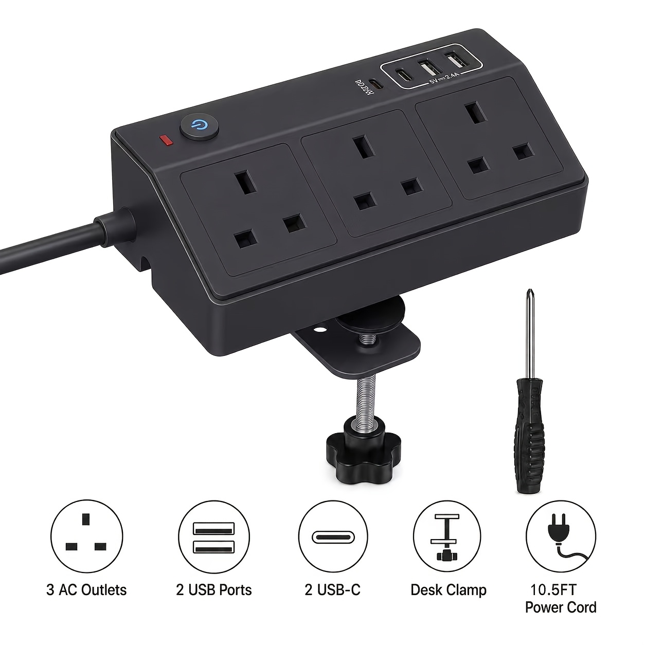 TEMU 7-in-1 Desk Clamp Power Strip, 3 Uk Plug Sockets, 2 Usb- Usb-c Charging Ports, Pd 20w Fast Charging Extension With 6.5ft/10.5ft Power Cord And