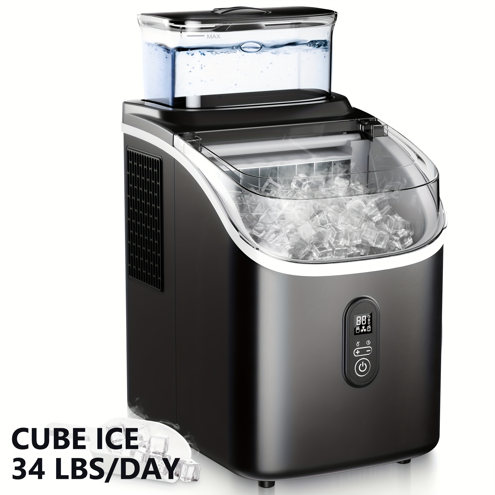 TEMU Ice Cube Maker Machine Countertop With External Water Tank, 34lbs, 16pcs Ready In 13 Mins, To Add Water, Auto-cleaning, With Ice Scoop & Basket,