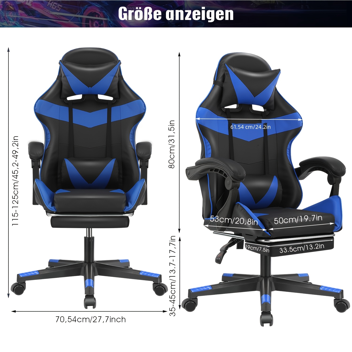 E-shop Gaming Stuhl mit Fußstütze, Ergonomischer Gaming Stuhl, Computer Stuhl mit Lendenwirbelstütze, Kopfstütze, Höhenverstellbare PC Stühle mit