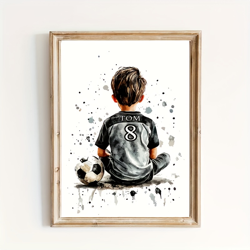 TEMU 2d Flat, 1pc Soccer Player Boy With Ball Back Personalized Custom Decorative Painting Wall Art Custom Name And Number Sports Watercolor Print