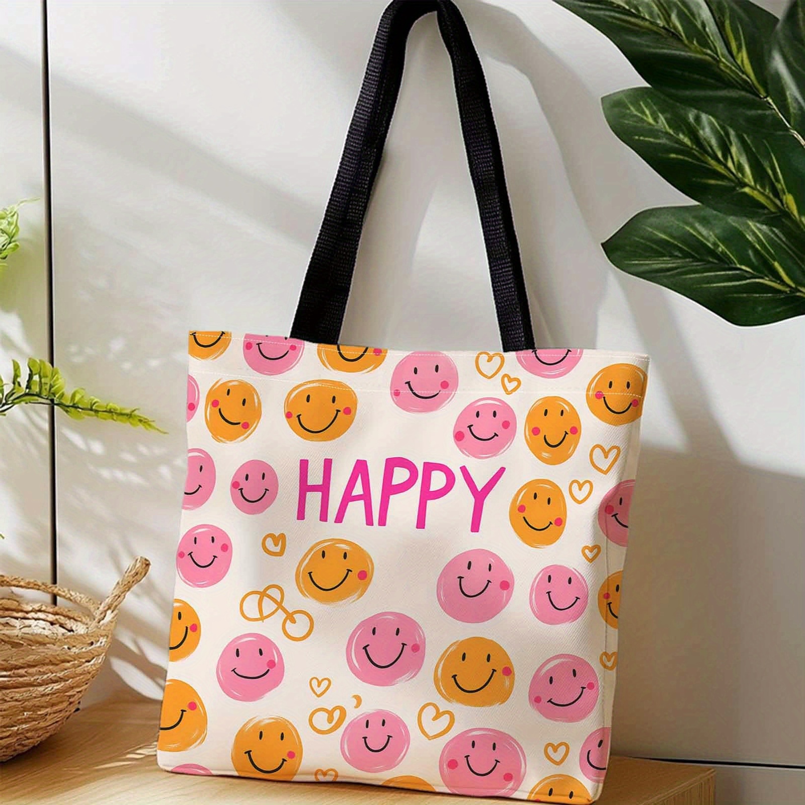 E-shop 1 Stück Einkaufstasche, Tragbare Schulter- Handtasche aus Canvas, Fröhliche Gesichter, Herzen, geeignet für Reisen, Kosmetik,