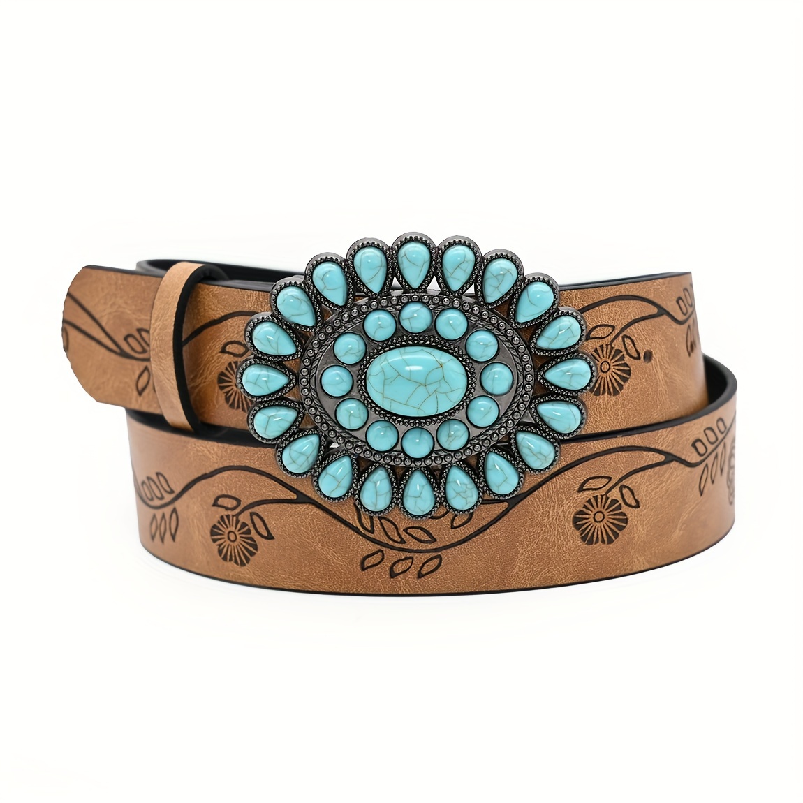 Western Boho Turquoise Stone Belt - Oval Buckle, Vintage Brown Embossed Leather UpFind Western Genuine Leather Belt Cowboy Belt with  main image 4