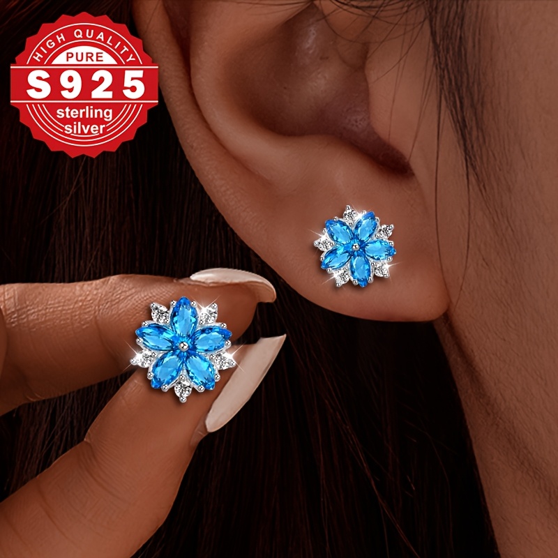 Image of 1 Pair, S925 Sterling Silver, Women's Fashion Earrings, Snowflake-, Exquisite And Cute, Inlaid With Blue Synthetic Synthetic Zirconia, Suitable For Festive Wear, Christmas Gift, Low Allergy