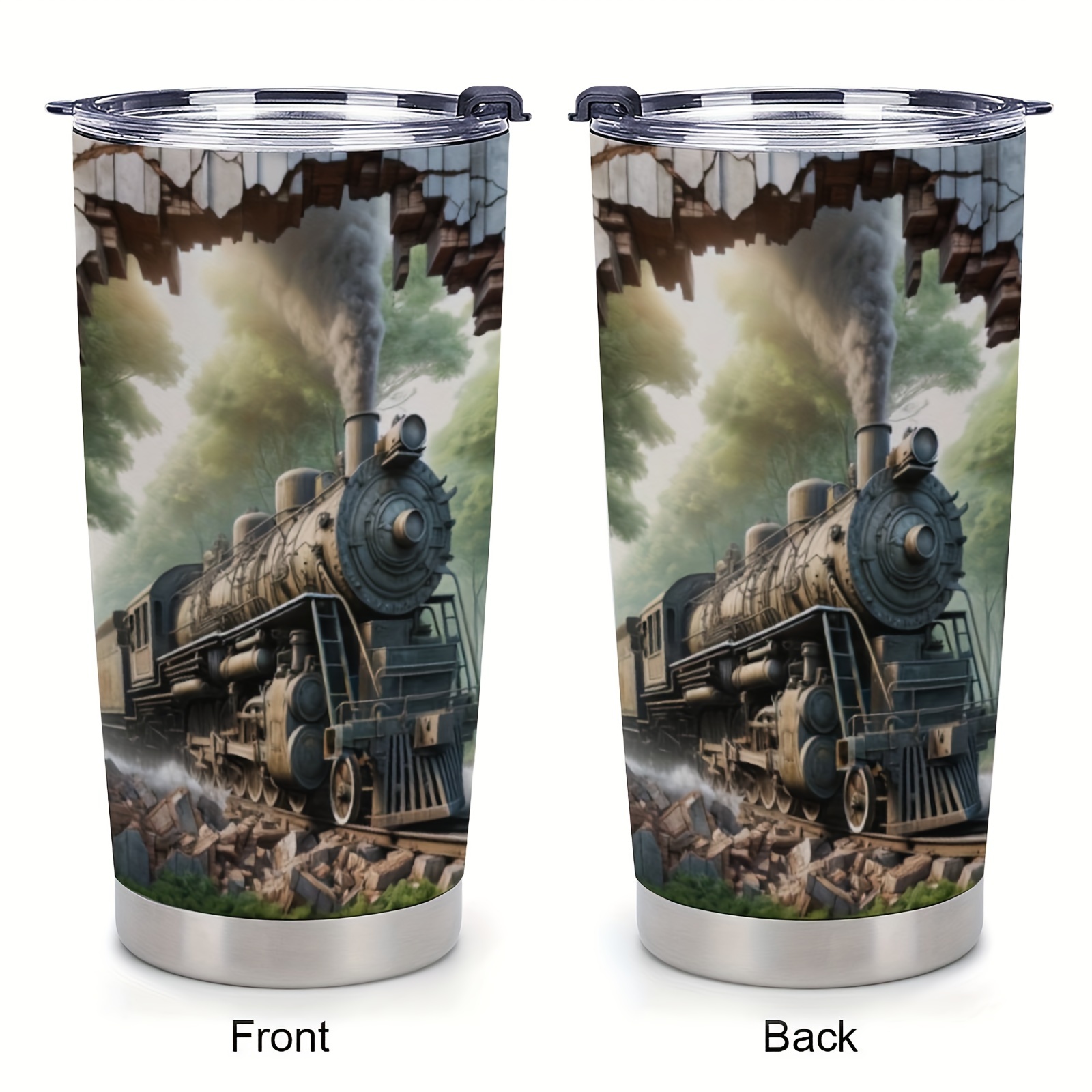 

1pc 20oz Vintage Train Scene Stainless Steel With Lid & Straw - Insulated Water Bottle, Fluorescent Green, Ideal For & Seasonal Gifts For , Train Decor