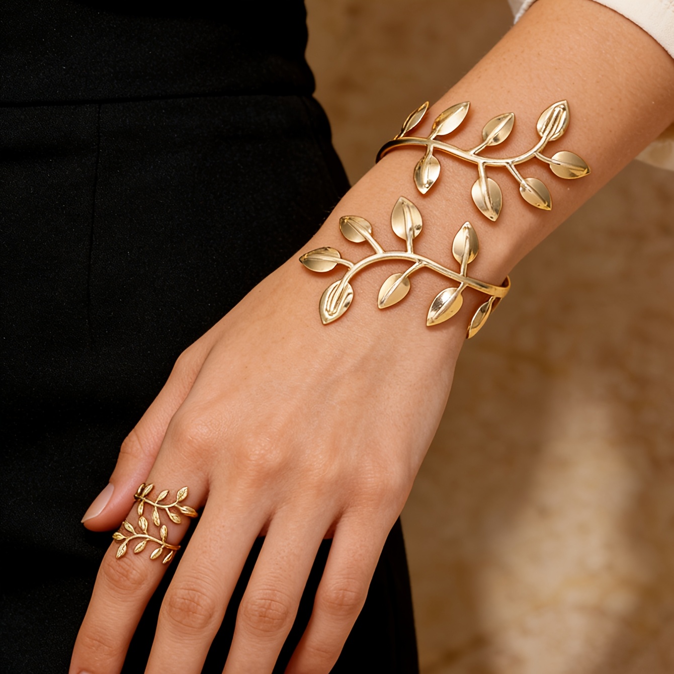 TEMU Parure de bijoux 2 pièces pour femme : bracelet et bague , design empilable avec feuilles entrelacées, , élégant, , , style naturel