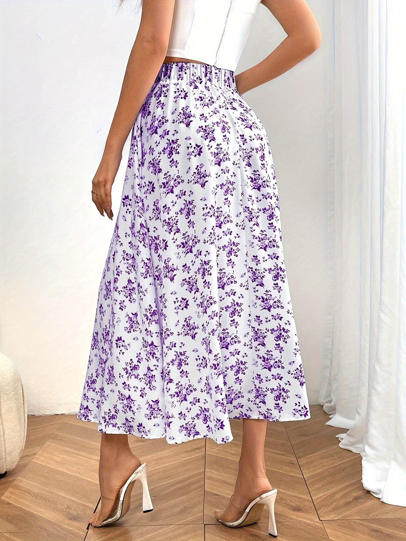 vrouwen elegante paarse midi rok met kleine bloemenprint Temu