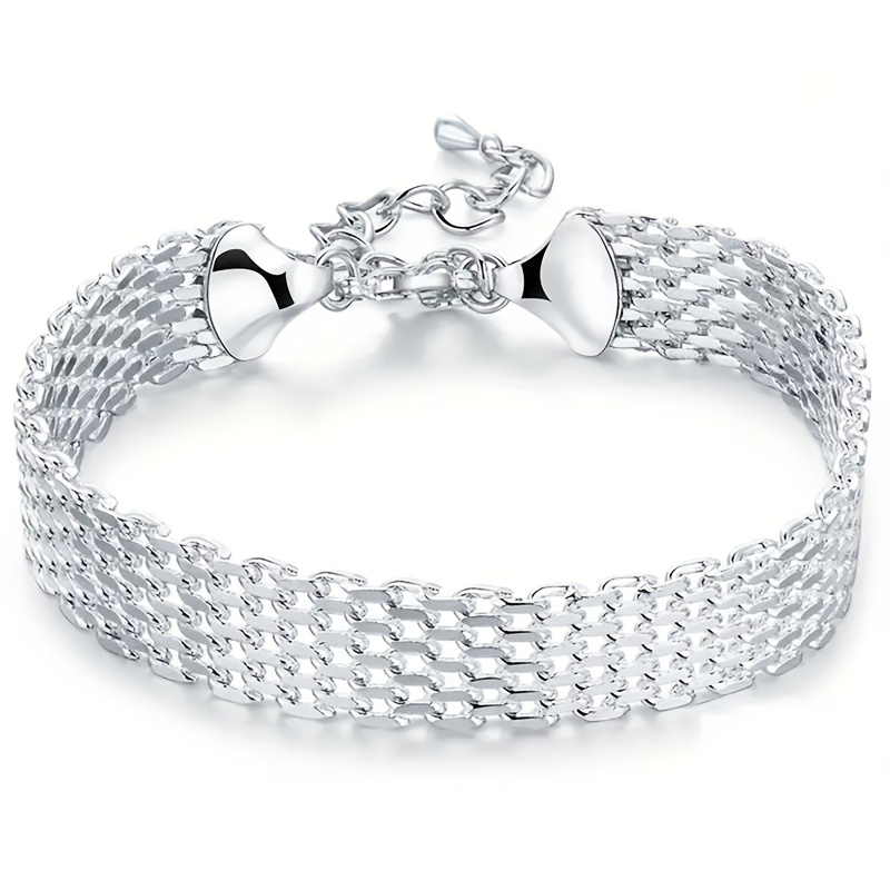 

1 Fashionable 925 Sterling Silvery 10mm Mesh Chain Bracelet, Suitable For Weddings And Parties, Adjustable 2.76-3.54 Inches