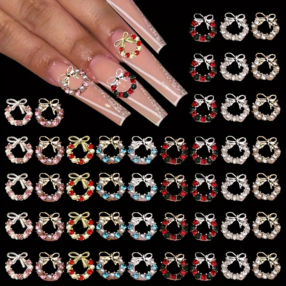 

10pcs Christmas Nail Art Charms With Rhinestones, 3d Alloy Bowknot Wreath Nail Gem Accessories For Diy Or Nail Salons