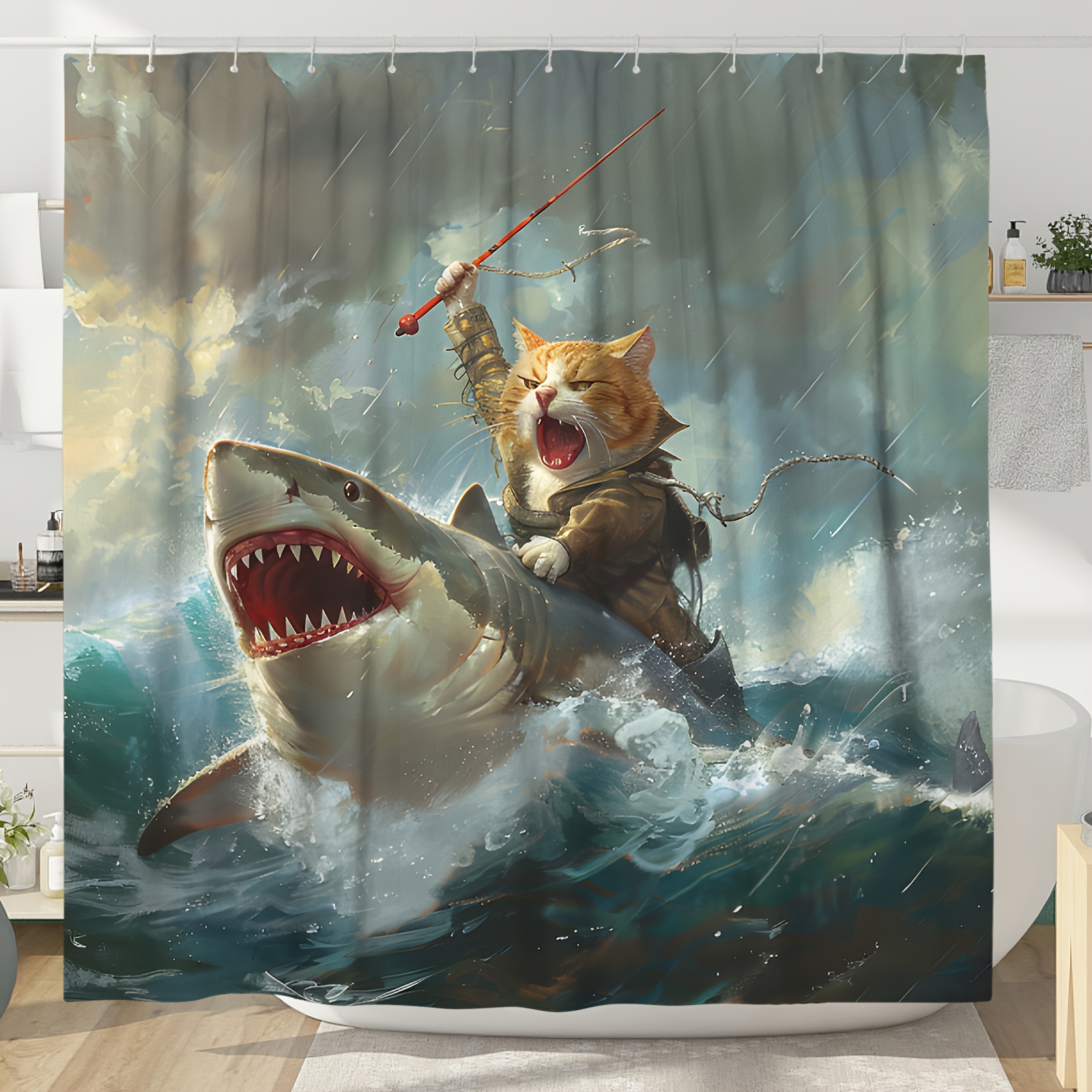 

Water-resistant Polyester Shower Curtain With Cat Riding Shark Print – Animal-themed Bathroom Decor With 12 Hooks, Machine Washable, Woven, Fun Ocean Adventure Design, Unlined, 71x71 Inches
