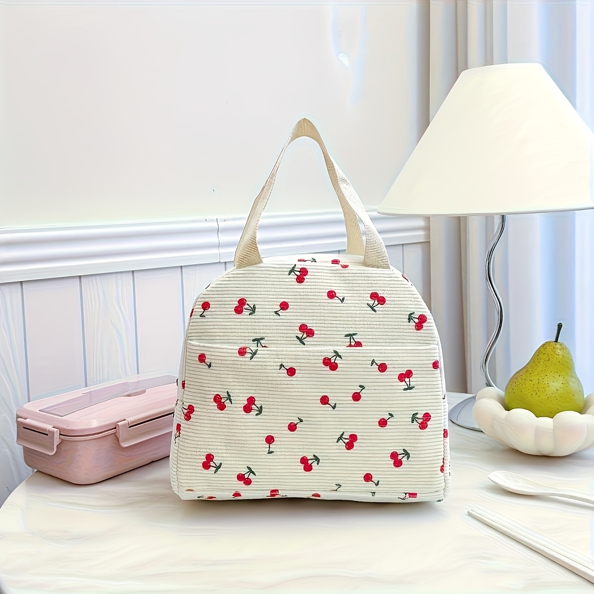 E-shop Tragbare isolierte Lunchtasche; verdickte niedliche Lunch- Obsttasche für Schüler mit Kirsch-Aufdruck. Nicht für Lebensmittelkontakt.