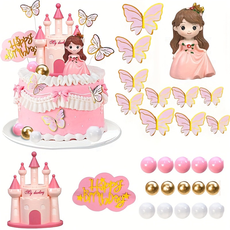 Image of 28pcs Princess Cake Toppers Castle Cake Decorations With Butterflies And Balls, Suitable For Happy Birthday Party Decor Shower Supplies Christmas (pink), Halloween, Christmas