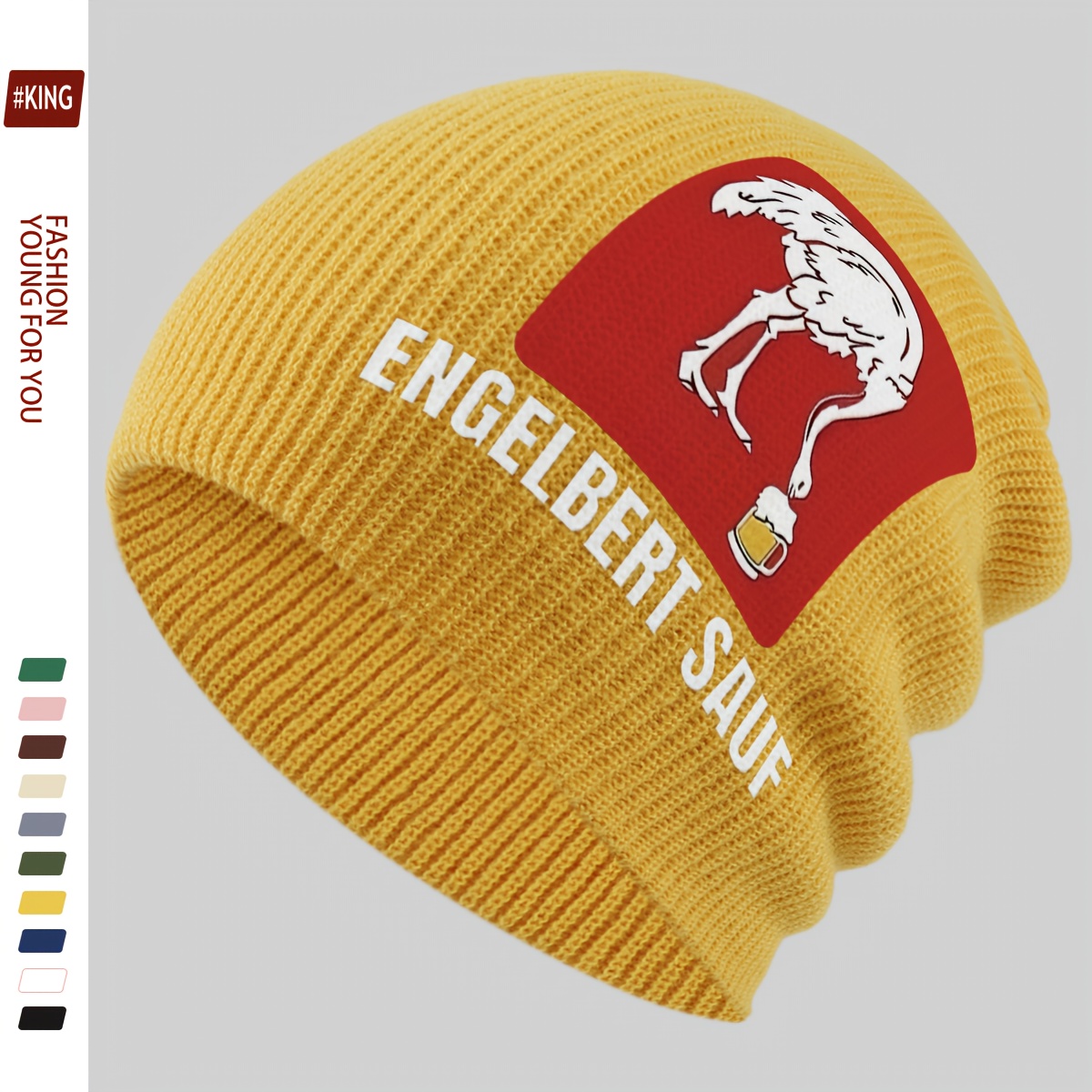 E-shop Bier-Themen-Straußen-Druck Schlappe-Mütze, trendige modische Ski-Mütze mit Dekoration, mehrschichtiger "ENGELBERT SAUF"-Druck, stilvolle warme