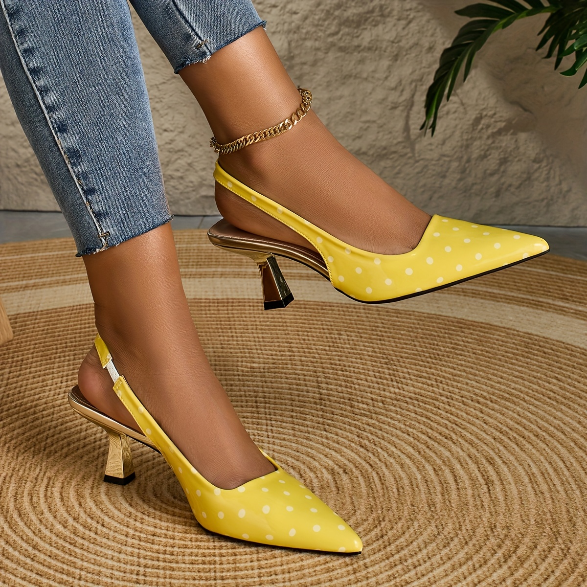 women's elegant yellow polka dot pointed toe high heel Temu Spain - Main Image