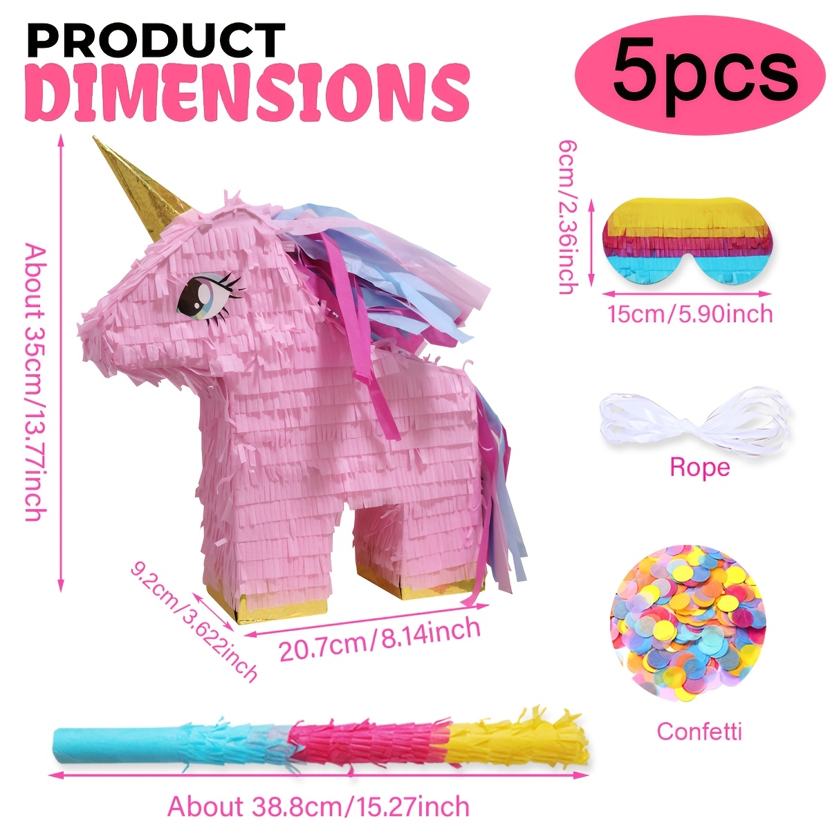 TEMU Ensemble de 5 pinatas licorne rose, , pour fête d'anniversaire, cadeau de bonbons, comprenant une pinata licorne, une chauve-souris, un bandeau,