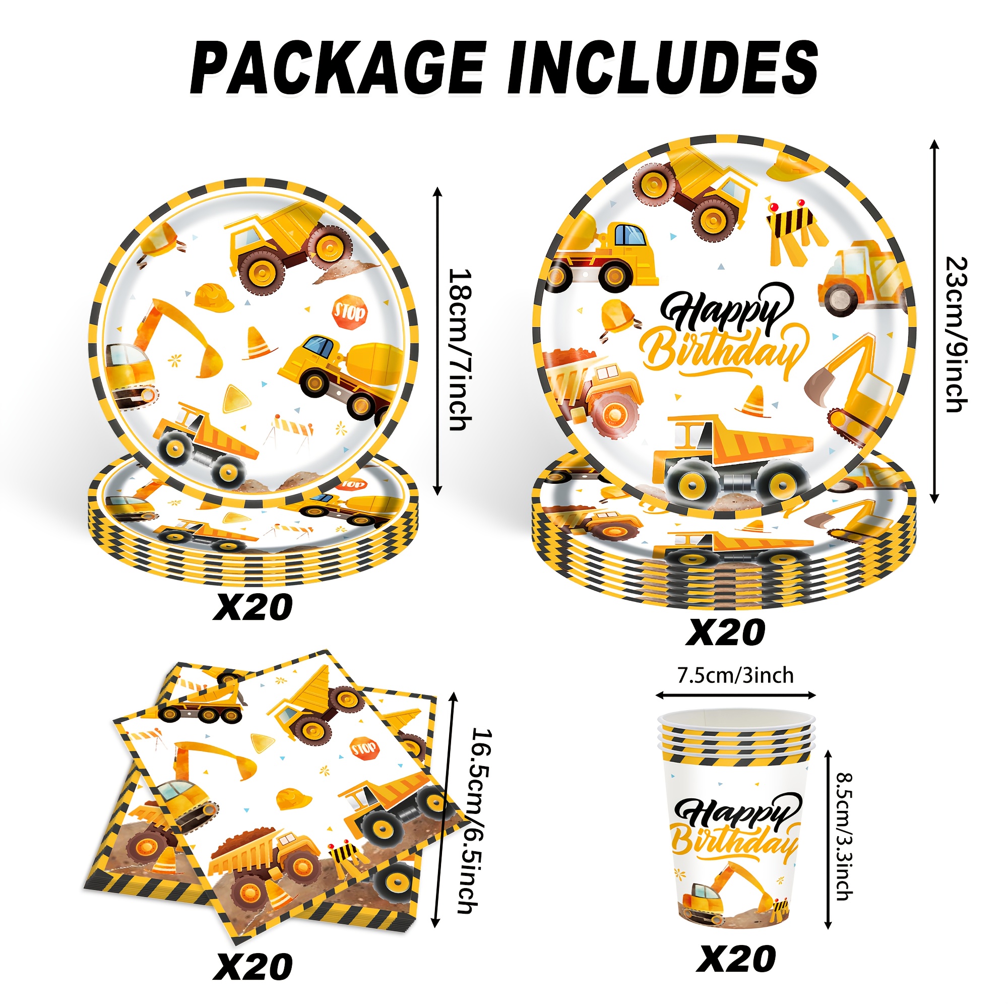 Image of 80pcs Construction Vehicle Birthday Party Tableware Set, Includes Paper Plates, Napkins, Cups! Party Supplies, Holiday Decorations, Party Packs I Perfect For Halloween