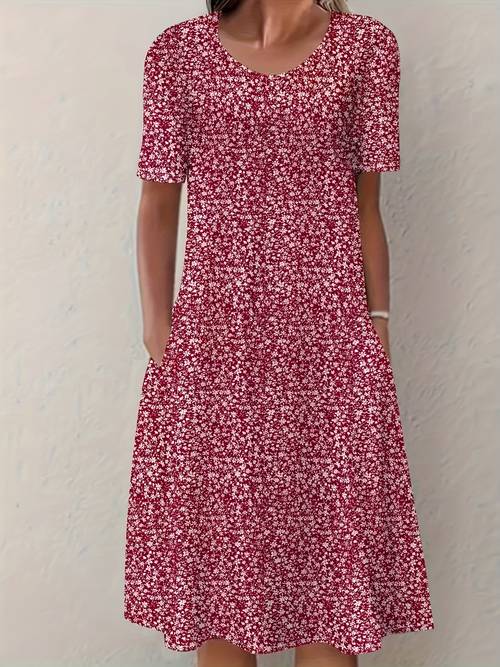 womens bohemian style floral printed dress with double pockets casual round neck short sleeve dress for summer a back lifestyle walking grocery shopping and flattering and comfortable