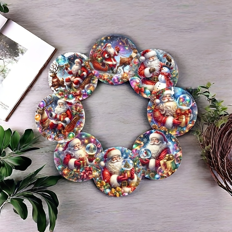 TEMU 8pcs Santa Claus Wooden Coaster Set, Featuring Vibrant Christmas Designs. Suitable As Coffee And Tea Mats For Home And Restaurant Decor, And An