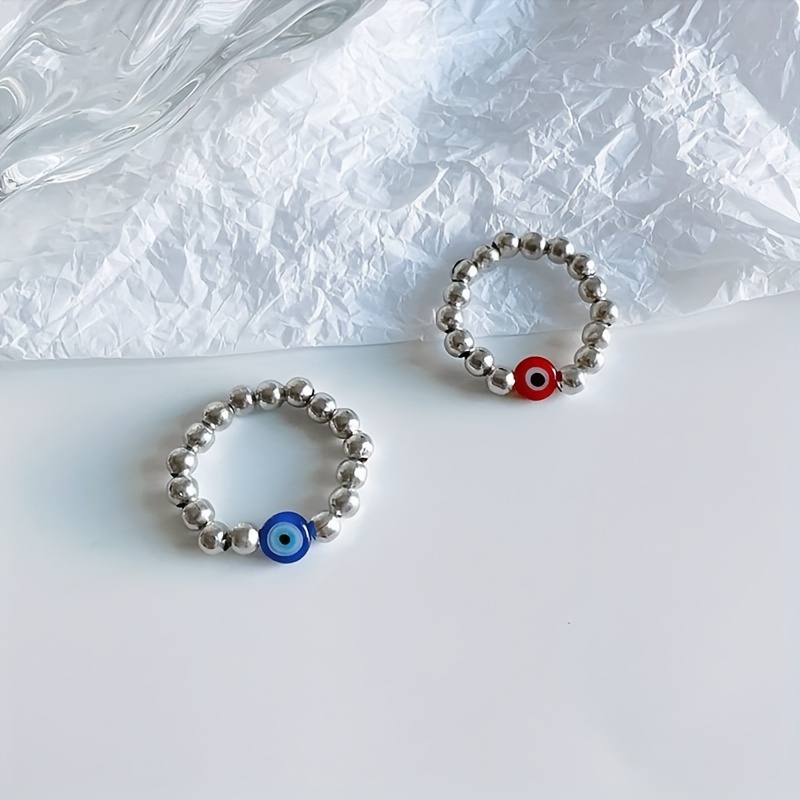 Evil Eye Protection Ring Stackable Adjustable Silvery Beaded Jewelry for Women