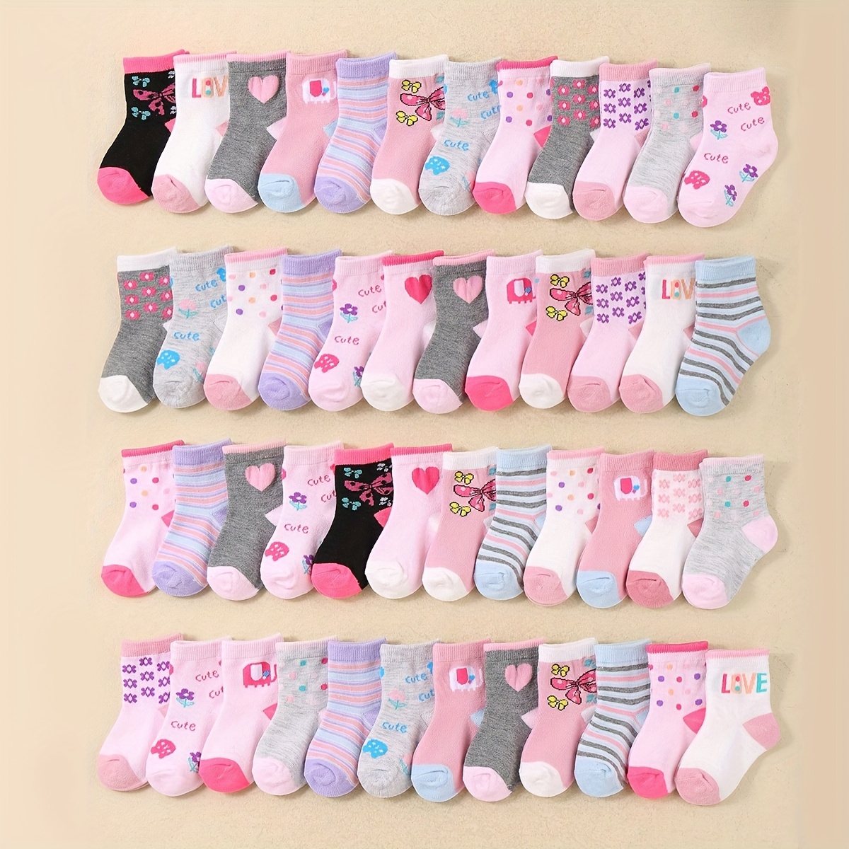 10 Pairs Random Colors Baby Heart Polka Dot Striped Mid-calf Socks