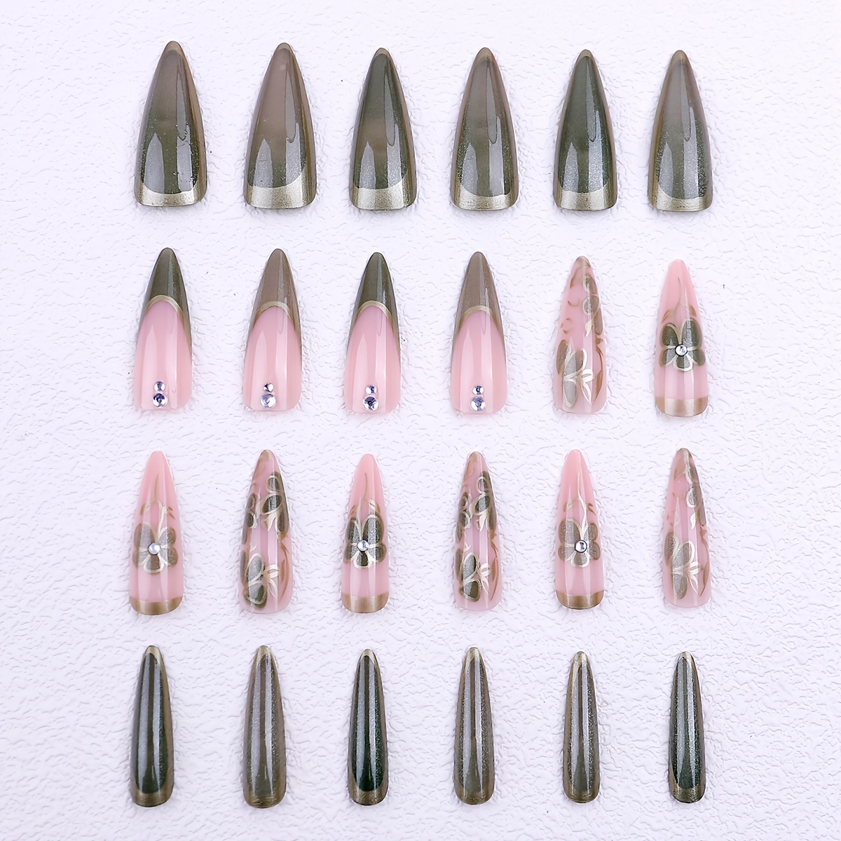 TEMU Boîte de 24 faux ongles press-on à pointe pointue amovible avec imprimé floral et touches de strass, faux doigts press-on en ABS, pointes