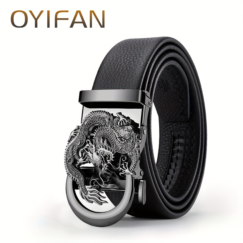 Oyifan Men's Large Size Automatic Belt, Cowhide Leather Adjustable Strap With Funky Dragon Alloy - Black