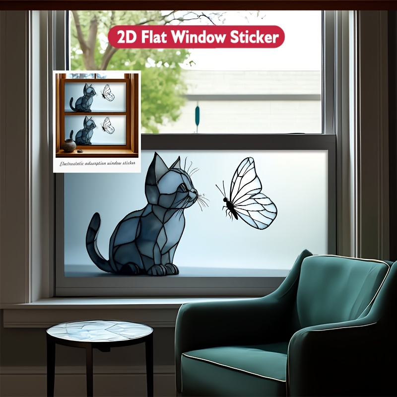 TEMU 2d Flat - 2d Flat - 1pc Geometric Cat And Art 2d Horizontal Flat Window Decal, Pvc Electrostatic , , Reusable, Ideal For Living Room, Bedroom,